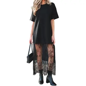 Women's Black Oversized T-Shirt Maxi Dress with Sheer Lace Hem Drop Shoulder Short Sleeve Perfect for Street Style