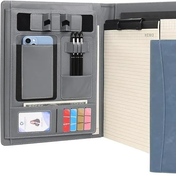 Wason Portfolio Padfolio A4 Leather PU Folder File Document Holder Case with Writing Pad Removable Clipboard Card Stationary Case Phone Tablet Stand for Organizer Office Travel School