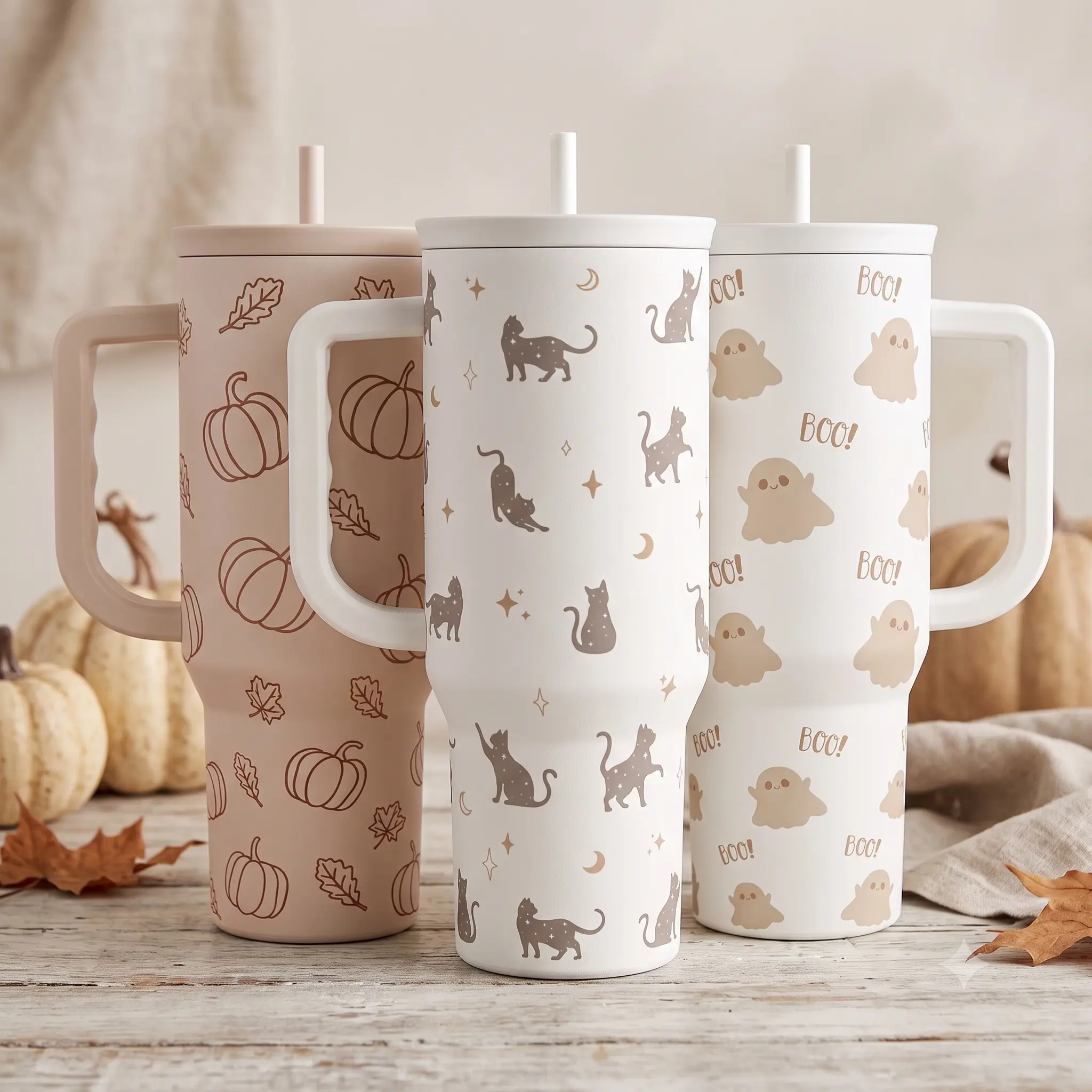 SANDJEST Halloween Fall 40oz Insulated Tumbler with Silicone Straw & Handle, Double Wall Stainless Steel, Cup Holder-Friendly Vacuum Flask for Travel School Office Outdoor, Hot/Cold Insulation, Thanksgiving Christmas Gift