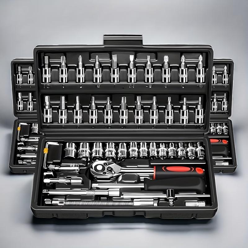 46-piece heavy-duty 1/4-inch quick-release ratchet socket wrench set, including screwdriver components and extension rod - comes with ratchet storage box - sturdy and durable, suitable for professional technicians and - compatible with vehicles