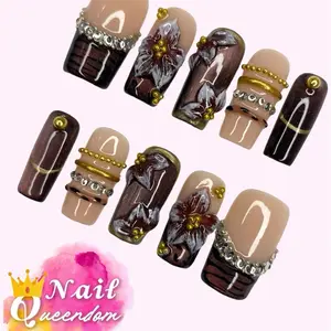 Nail Queendom [EXPRESSO FLOWERS] Handcrafted 3D Press-On Nails Reusables Long Lasting Salon Quality Easy Application 10 Pieces Set Eco-Friendly 3D-gel Finish