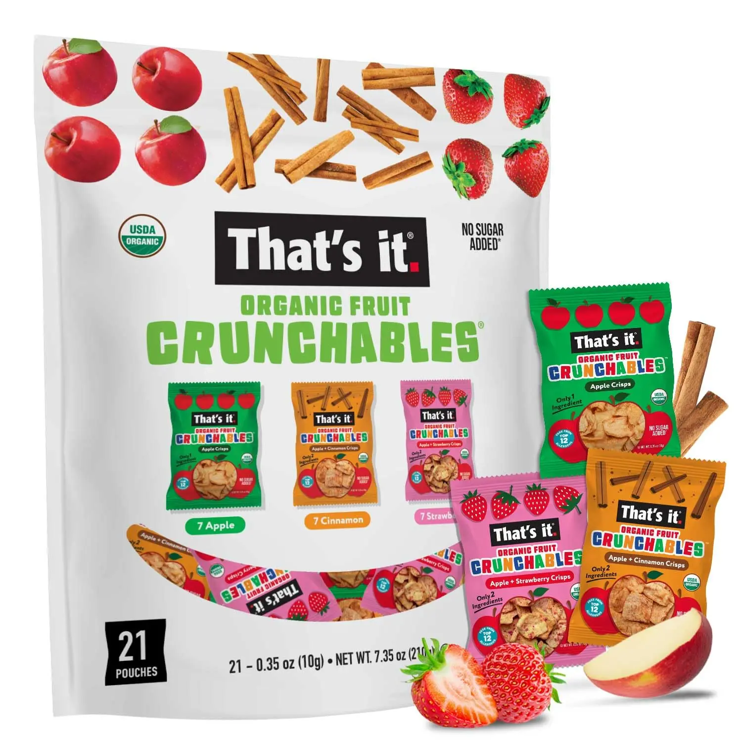 That’s it. Organic Fruit Crunchables Variety (21-Pack) – 100% Plant-Based Fruit Snacks, Non-GMO, Gluten Free, No added Sugar, Healthy Snack for Kids & Adults