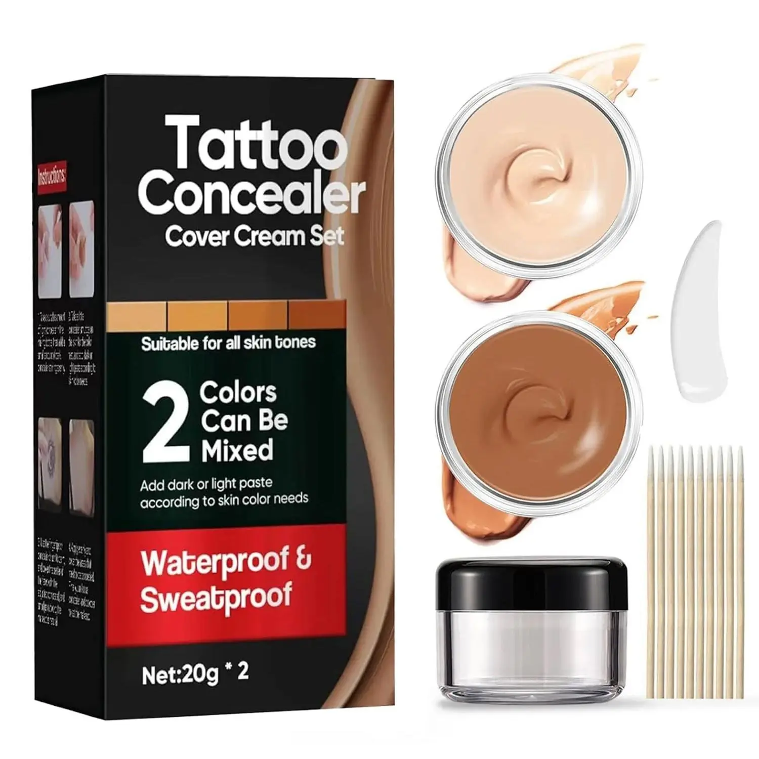 Tattoo Cover Up Makeup, High Coverage Flawless Concealer Cream, Waterproof & Long Lasting Formula with Mixable Light and Dark Shades for Body & Face