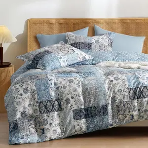 Soft Floral Duvet Cover Queen Size, Printed Bedding Set 3 Pieces, Comfy Farmhouse Reversible Paisley Pattern Duvet Cover Set with 2 Pillow Shams, Zipper Closure and 8 Ties, 90"x90",Blue