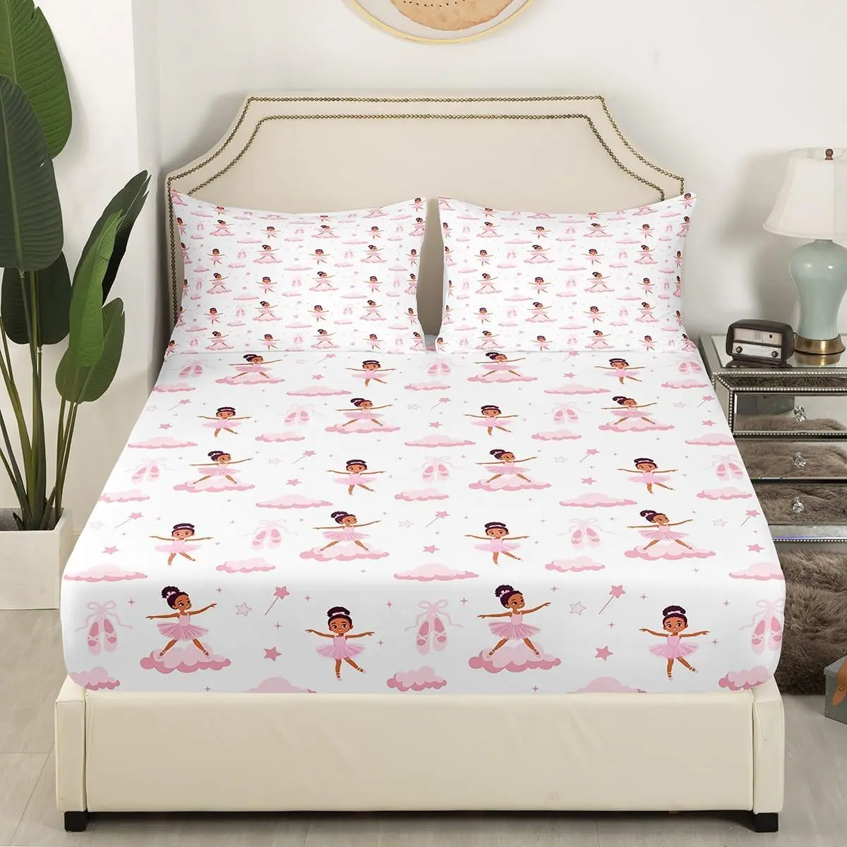 Ballerina Bedding Set Pink Ballet Shoes Bed Set Bedroom Decor Stars Clouds Fitted Sheet Soft Cartoon Dreamy Bed Cover(1 Fitted Sheet+1 ) No Flat Sheet