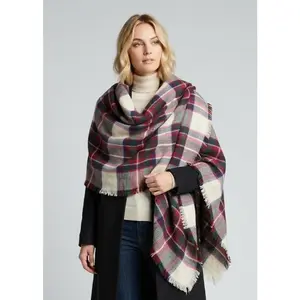 White and Fuchsia Cozy Plaid Patterned Oversized Fall or Winter Blanket Scarf Wrap