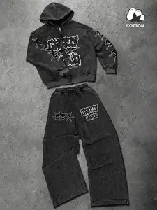 Unisex Dark Style Loose Zip Hoodie Set, Washed Vintage Warm Wide Leg Sports Pants, Distorted Pattern Print, High Street Athletic Casual Home Wear, Menswear