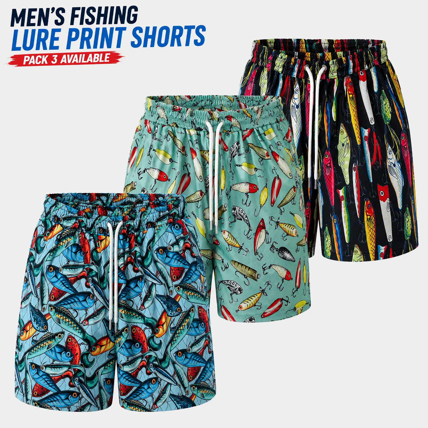 Men's 5-Inch Inseam Fishing Lure Print Athletic Cut Shorts - Breathable Quick-Dry Fitness Shorts for Fishing & Gym, 1-Pack or 3-Pack Options, Breathable Fitness Shorts Breathable Sport Shorts Athletic Wear Shorts
