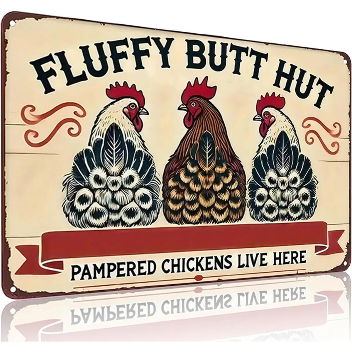 Fluffy Butt Hut Chicken Coop Metal Sign 8x12in, Funny Farmhouse Kitchen Wall Decor, Vintage Rustic Hen House Plaque "Pampered Chickens Live Here"