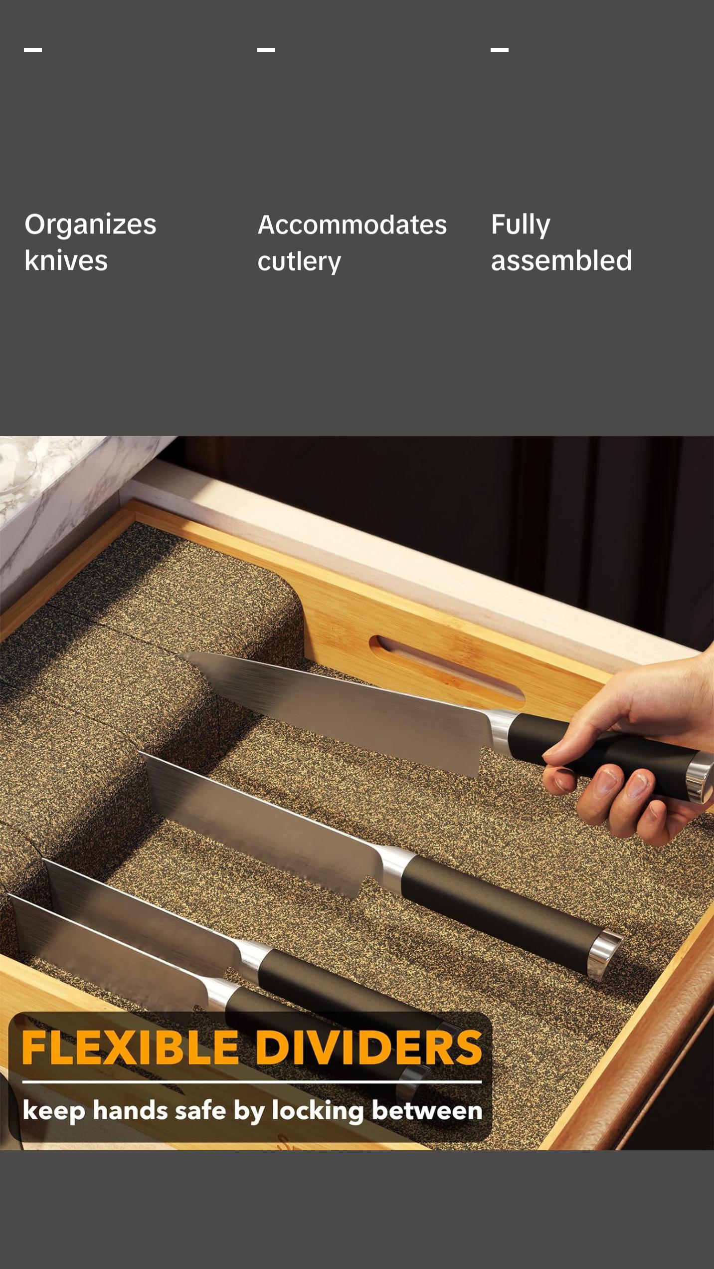 Large Bamboo In Drawer Knife Organizer, 12"W