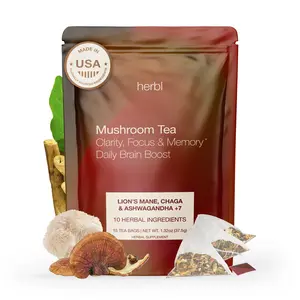 Organic Mushroom Tea with Ashwagandha, Lion’s Mane & Chaga for Focus, Memory & Mental Clarity – Brain Boost Tea with Ginkgo Biloba, Gotu Kola & Reishi for Cognitive Support & Mental Sharpness Beverage