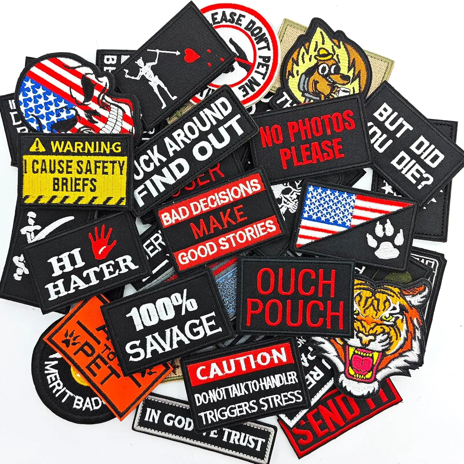 20 Full Embroidery Tactical Patches - Random Funny Designs, Hook-and-Loop Backing - Tactical Accessories for Hats, Bags, Jackets, Cosplay, Military Uniforms, Vests