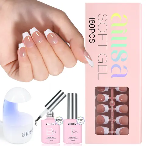 Aillsa Extra Short Coffin French Tip Press On Nails Set Kit - 180pcs Light Brown Fake Nails in 15 Sizes, Mini UV Lamp, Base & Top Gel Coats, Quick Apply Soak Off Acrylic Extensions DIY Gift for Women Manicure
