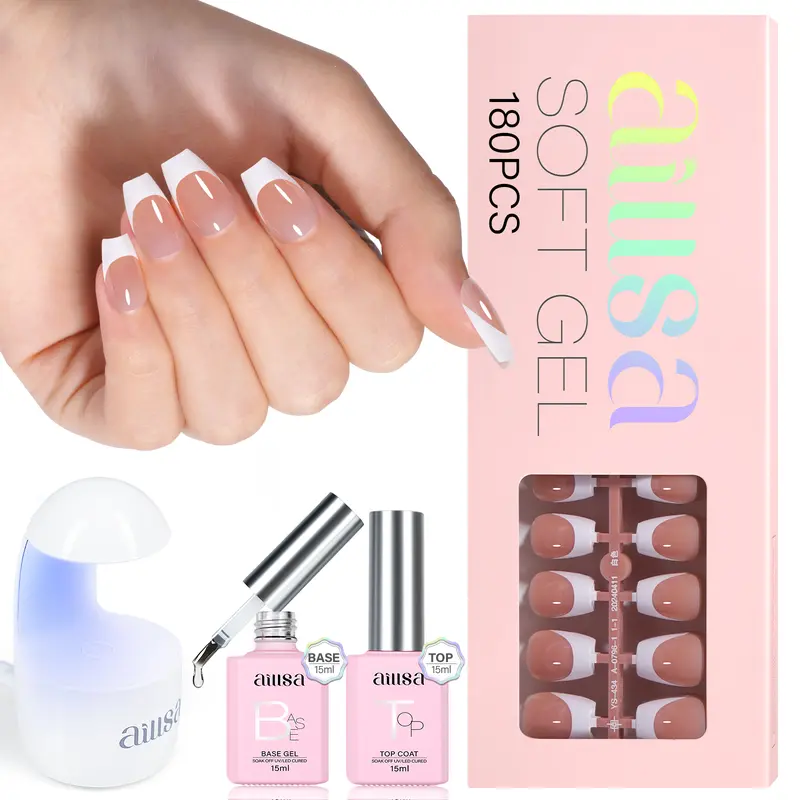 Aillsa Extra Short Coffin French Tip Press On Nails Set Kit - 180pcs Light Brown Fake Nails in 15 Sizes, Mini UV Lamp, Base & Top Gel Coats, Quick Apply Soak Off Acrylic Extensions DIY Gift for Women Manicure