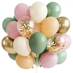 PartyWoo Pink and Green Balloons 66pcs 12 Inch Metallic Gold Sand White Sage Green Nude Dusty Pink Gold Confetti Balloons for Baby Shower Wedding Engagement Princess Birthday Party Decorations