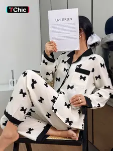 Women's Bow Print Sleepwear Pajama Set, Sweet Lapel Long Sleeve Top with Pockets, Heart Pattern Pants, Casual Homeewear for All Seasons