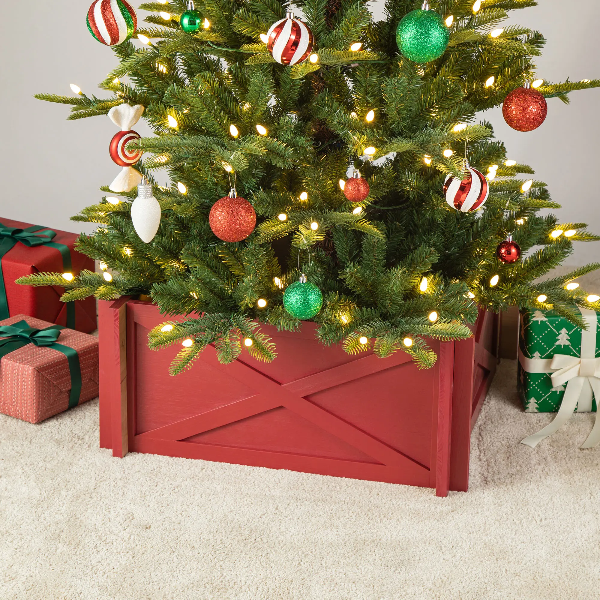 Glitzhome Farmhouse Christmas Red Wooden Tree Collar Decor - KD, 2 Sizes Available: 24.5"L, 27.5"L, Two Sizes