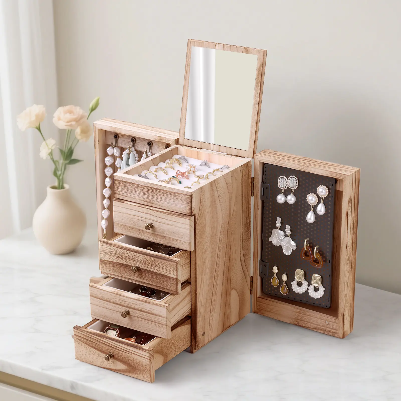 Vintage Solid Wood Jewelry Box with Mirror, 5-Layer Home Storage Organization for Rings, Earrings, Necklaces, Bracelets, Women's Jewelry Organizer & Gift Idea