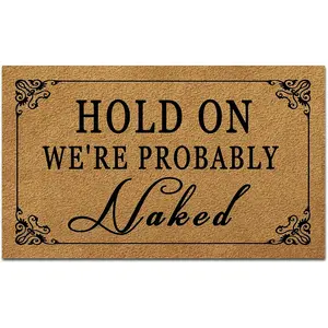 Funny Welcome Door Mats for Home Decor (17.7 x 29.5 inch) Gift Mats with Anti-Slip Rubber Back Kitchen Rugs Personalized Doormat for Entrance Way (Hold On We're Probably Naked)