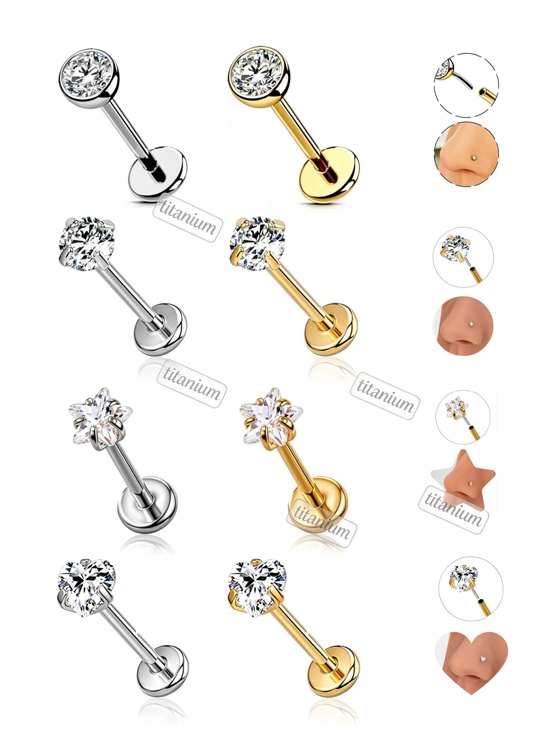 OUFER 20G ASTM F136 Titanium Threadless Secure Push Pin Flat Back Nostril Nose Ring - 7mm Bar Heart-Star, Non-Tarnish Dainty 2pcs Gold Prong CZ/2pcs Silver Bezel CZ Rhinestone, Women's Daily Body Jewelry (Silver/Gold/Black, Dimensions Included)