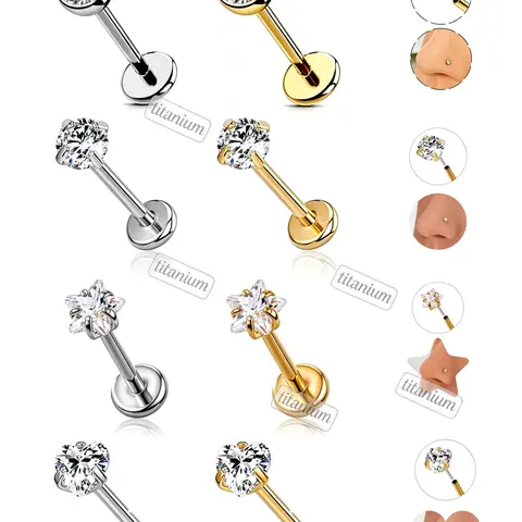 OUFER 20G ASTM F136 Titanium Threadless Push Pin Flat Back Nostril Piercing Jewelry - 7mm Bar Heart-Star, 2pcs Gold Prong/2pcs Silver Bezel CZ Rhinestone, Dainty Women's Daily Non-Tarnish Accessories (Silver/Gold/Black, Dimensions Included), Jewelry For W