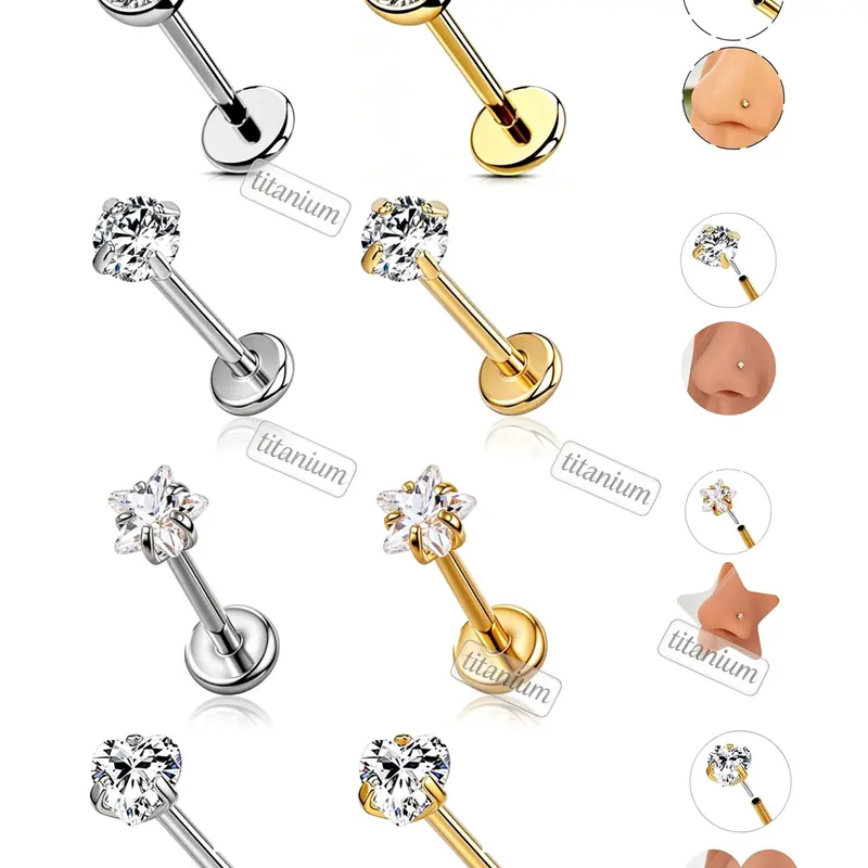 OUFER 20G ASTM F136 Titanium Threadless Push Pin Flat Back Nostril Piercing Jewelry - 7mm Bar Heart-Star, 2pcs Gold Prong/2pcs Silver Bezel CZ Rhinestone, Dainty Women's Daily Non-Tarnish Accessories (Silver/Gold/Black, Dimensions Included), Jewelry For W