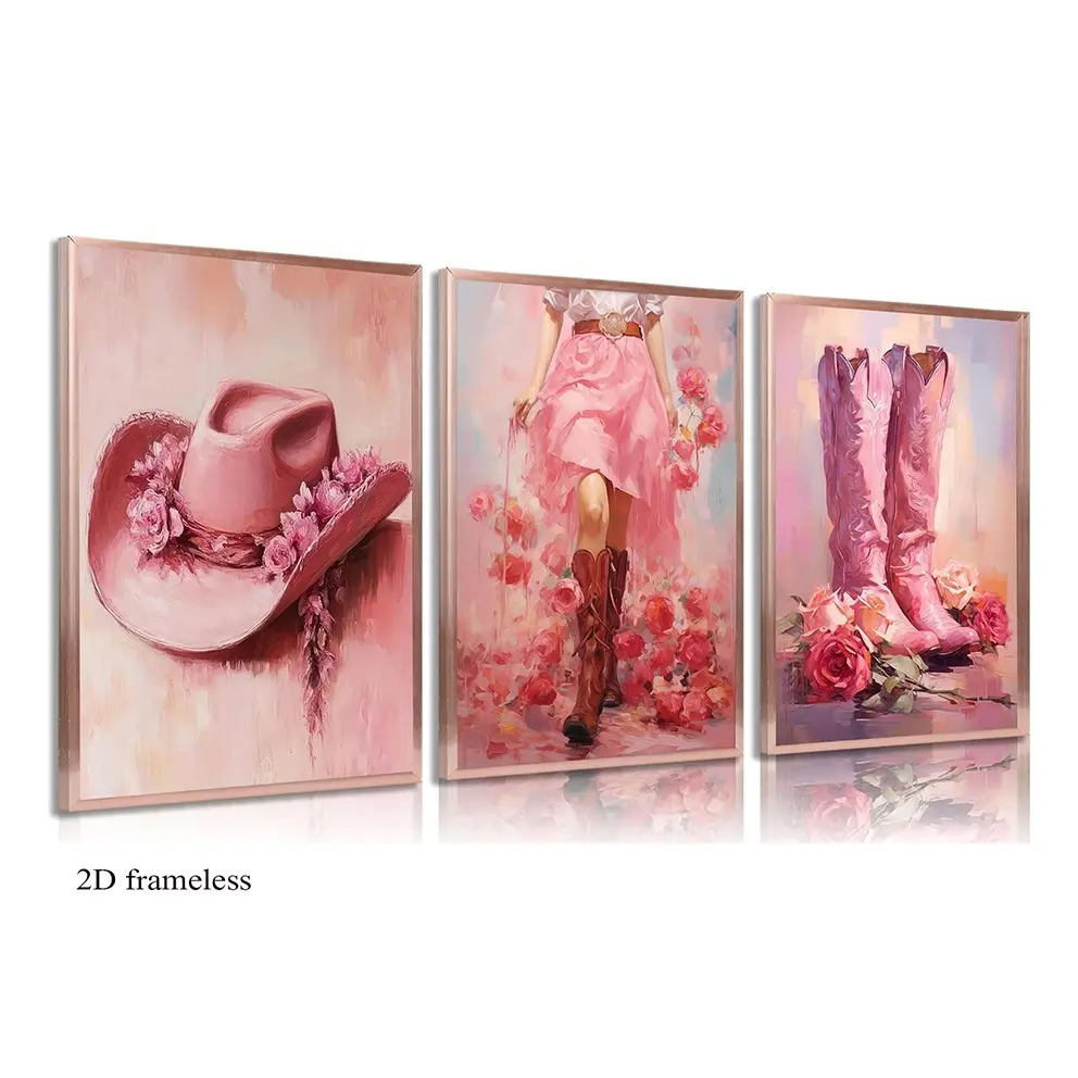 3-piece set: Pink denim-themed canvas wall art decoration items for girls, featuring a stylish cowboy boot poster and a Western-style floral boot-and-hat artwork. Perfect for decorating college-style rooms, bedrooms, and apartments. 2D, frameless