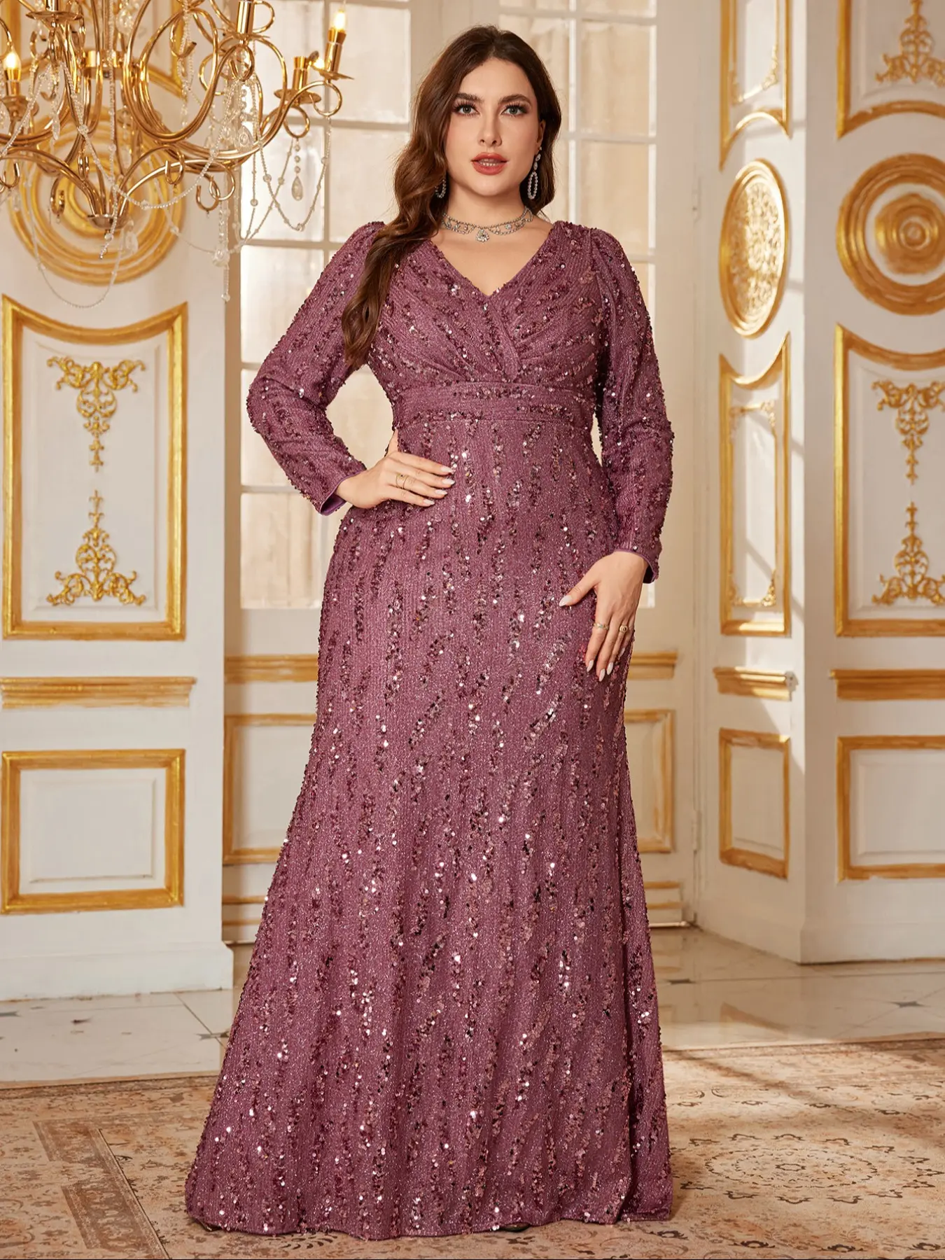 Women's V Neck Long Sleeve Sequins Top Dress, Sparkle Bling Design, Casual Fashion for Parties & Events, Comfortable Fit