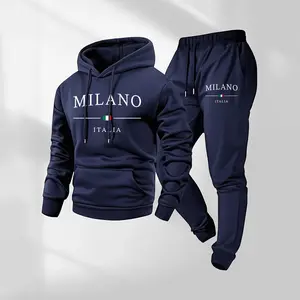 Men's Milano Letter Printed Hoodie and Drawstring Sweatpants Set, Menswear, Casual Athletic Long Sleeve Hooded Jacket & Trousers for Fall & Winter, Men's Clothing for Daily Wear, Sportswear Indoor Outdoor, Tracksuit, Athleisure Summer Clothes 02
