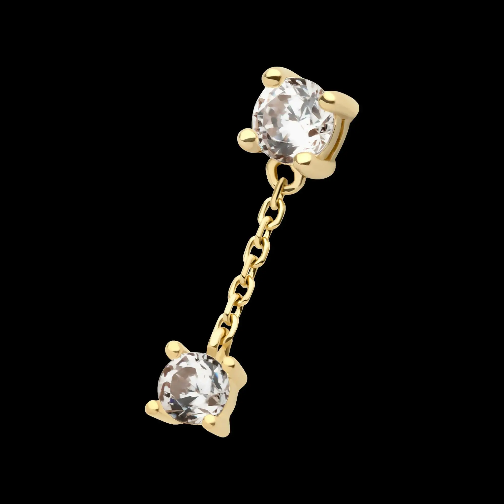 Double Prong Set Round CZ with Dangle Chain Flatback Stud Earring / Nosering - CZ in 14Kt Gold