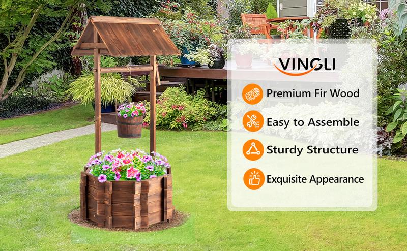 VINGLI Wooden Wishing Well Outdoor Planters, Well Covers for Yard with 2/4 Reinforced Rods, Height Adjustable Hanging Bucket, Rustic Flower Pot Home Decor for Outside Patio Garden
