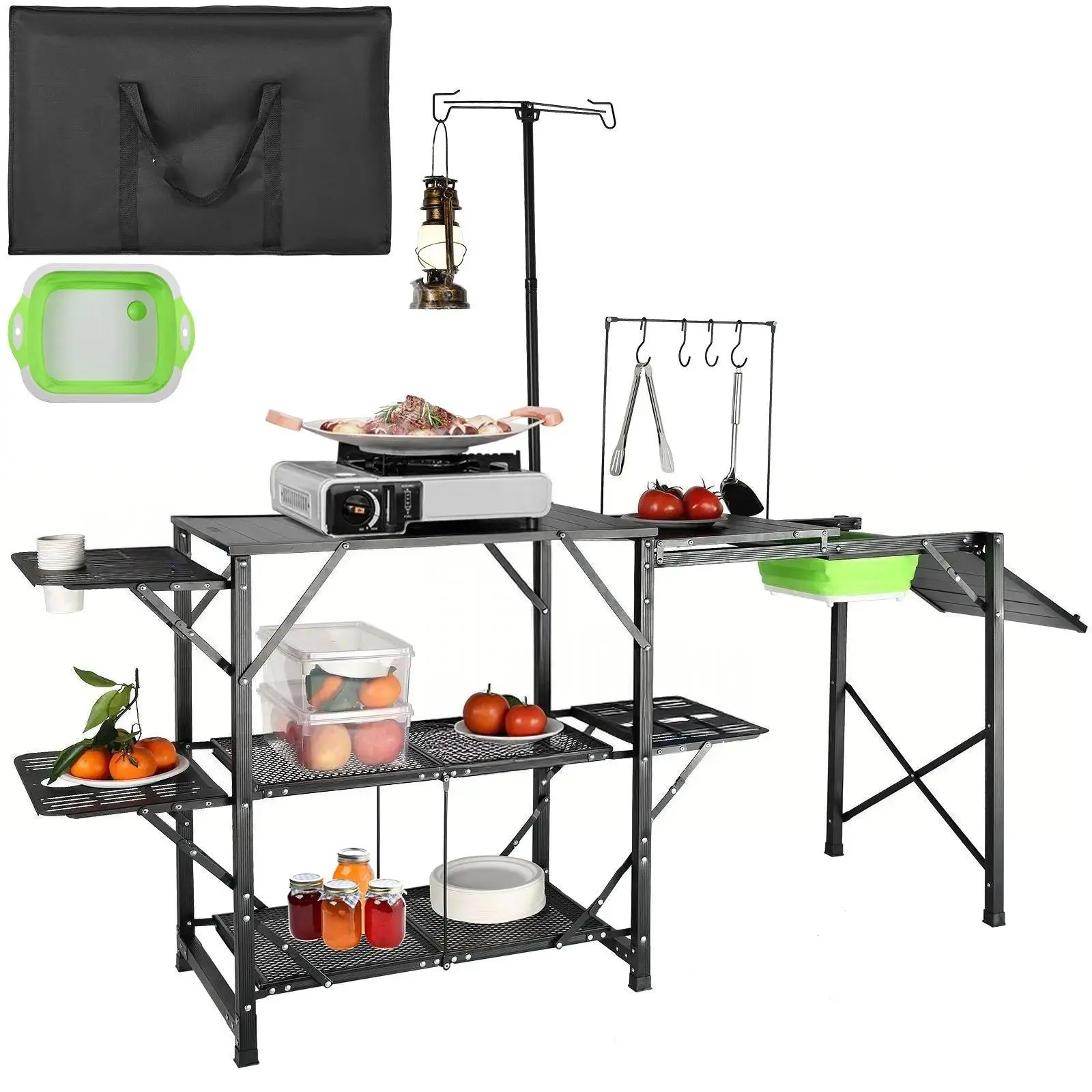One-Piece Long Folding Camping Kitchen Table with Detachable Sink, Portable Outdoor Cook Station with 3 Side Tables & 2 Storage Shelves, Heat-Resistant Aluminum Tabletop 88LBS Load-Bearing Workstation with Carry Bag for Camping BBQ Picnic