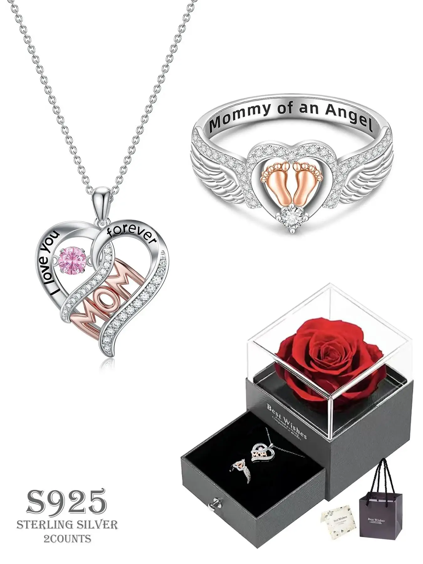 925 Sterling Silver Angel Wing Design Promise Ring & Heart Design Necklace, Fashion Jewelry for Party, Daily Clothing Decor, Trendy All-match & Exquis