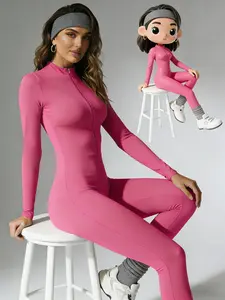 Women's Long Sleeve Half Zip, High Waisted Sporty Design, Soft Stretch Fabric, Perfect for Yoga & Gym, Fall & Winter Wear, Sporty Comfy Jumpsuit, Workout Jumpsuit