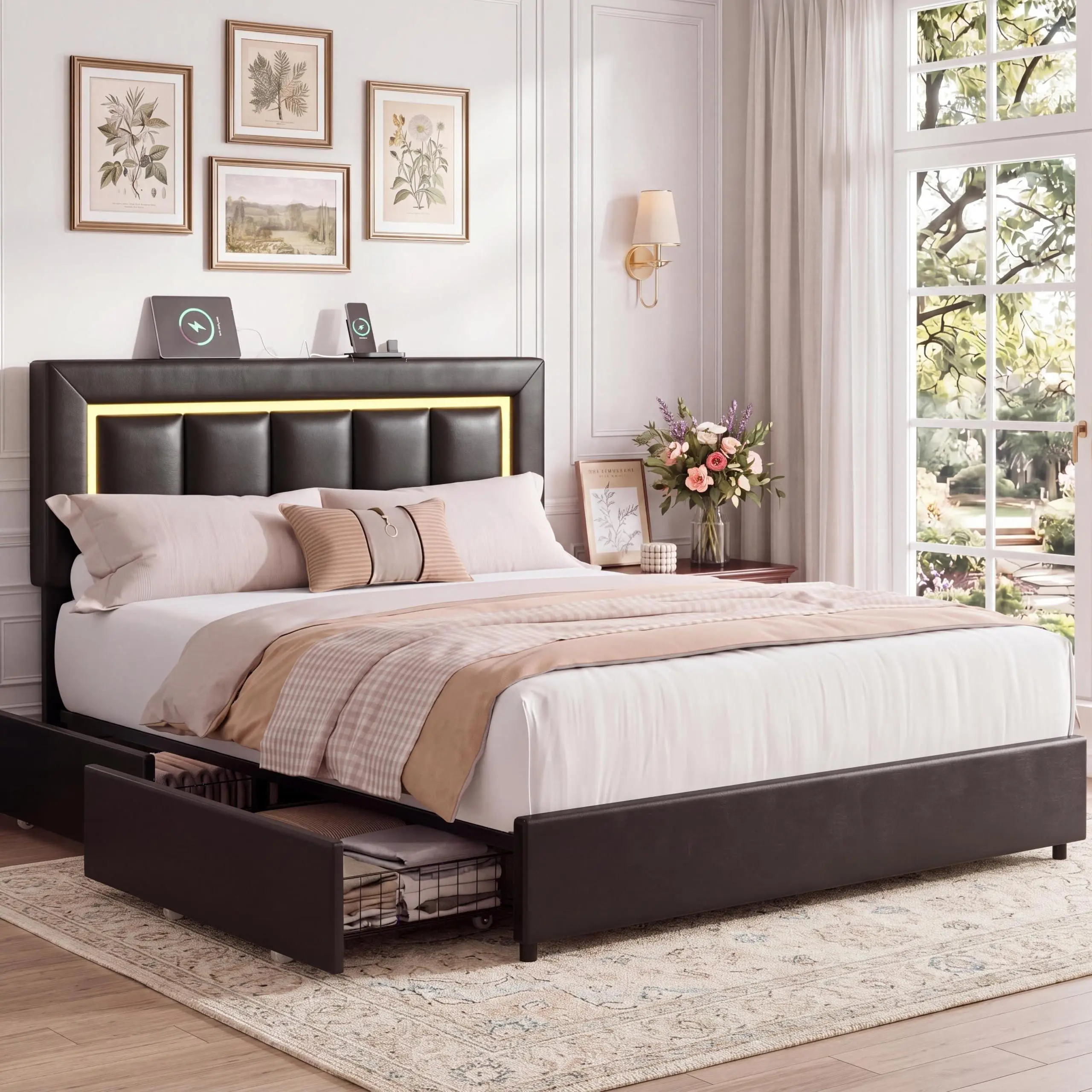 Full Size Storage Bed Frame with 4 Drawers, LED Lights, Charging Station, Adjustable Headboard, PU Leather Upholstered Platform Bed, Wooden Slats Support, No Box Spring Needed, Black