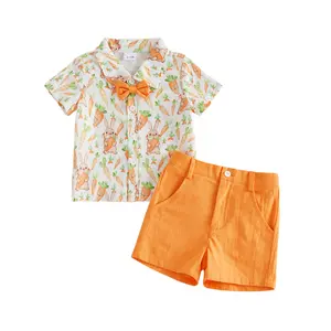 Babamoon Toddler Baby Boys Easter Outfits Rabbit Carrot Print Bowtie Short Sleeve Shirts Tops and Solid Color Shorts 2Pcs Clothes Set 6M-4Y