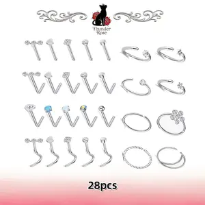 28Pcs Multi-Style Nose Piercing Kit, L-Shaped / Screw / Open Nose Hoops, Stainless Steel with Colored CZ Inlaid, Casual Daily Wear Style