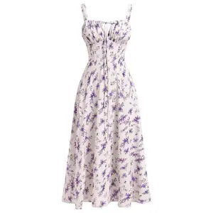 Women Floral Corset Dress Summer Spaghetti Straps Square Neck Casual High Waist Split Casual Beach Dresses, Milkmaid Dress, Womenswear Comfort