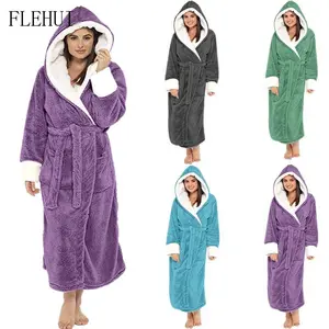 Womens Hooded Fleece Robes, Soft Long Bathrobe Fluffy Warm Loungewea