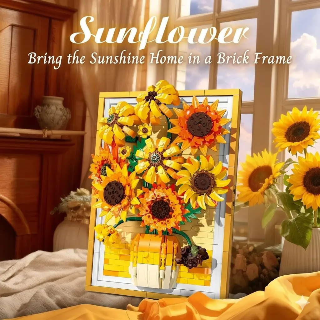 Sunflower 3D Building Block Picture Frame, DIY Botanical Art Desk Decor, Adult Craft Kit Floral Ornament Gift