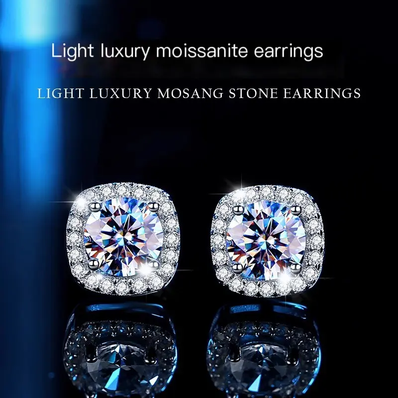 Women’s 925 square-cut Moissanite stud earrings, color D, VVS clarity, set with large stones — new forest-style minimalist design