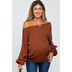 Camel Boat Neck Bubble Sleeve Maternity Sweater