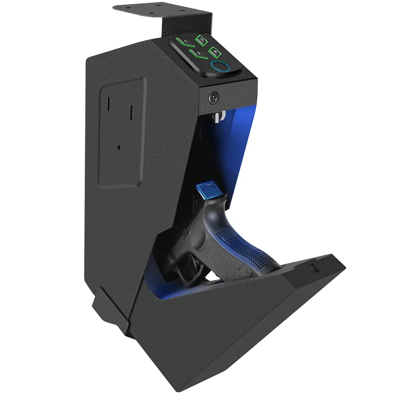 Langger V Biometric Mounted Gun Safe (fingerprint, 4-button keypad, key; mounts under a nightstand or desk)