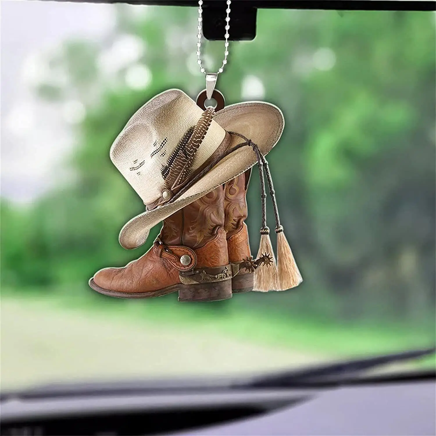 2D Acrylic Hat & Boots Design Car Decorative Pendant, Vintage Trendy Rearview Mirror Hanging Ornament, Fashionable Accessories for Car Interior Decora