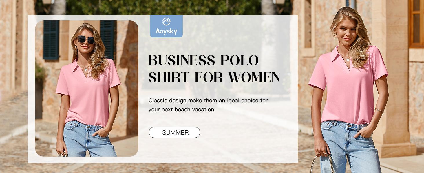 Aoysky Women's Short-Sleeve Fitted Minimalist Lightweight Polyester V-Neck Collared Polo Shirts - Business, Dressy Casual Summer Tops