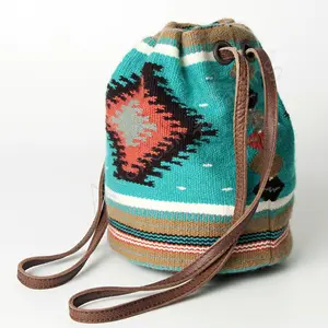 American Darling Bucket Bag, Hand Woven Saddle Blanket & Vegetable-Tanned Leather, Western Drawstring Shoulder Bag