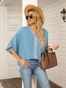 Women's Batwing Sleeve V-Neck Blouse | Printed Trim | Oversized | S–2XL