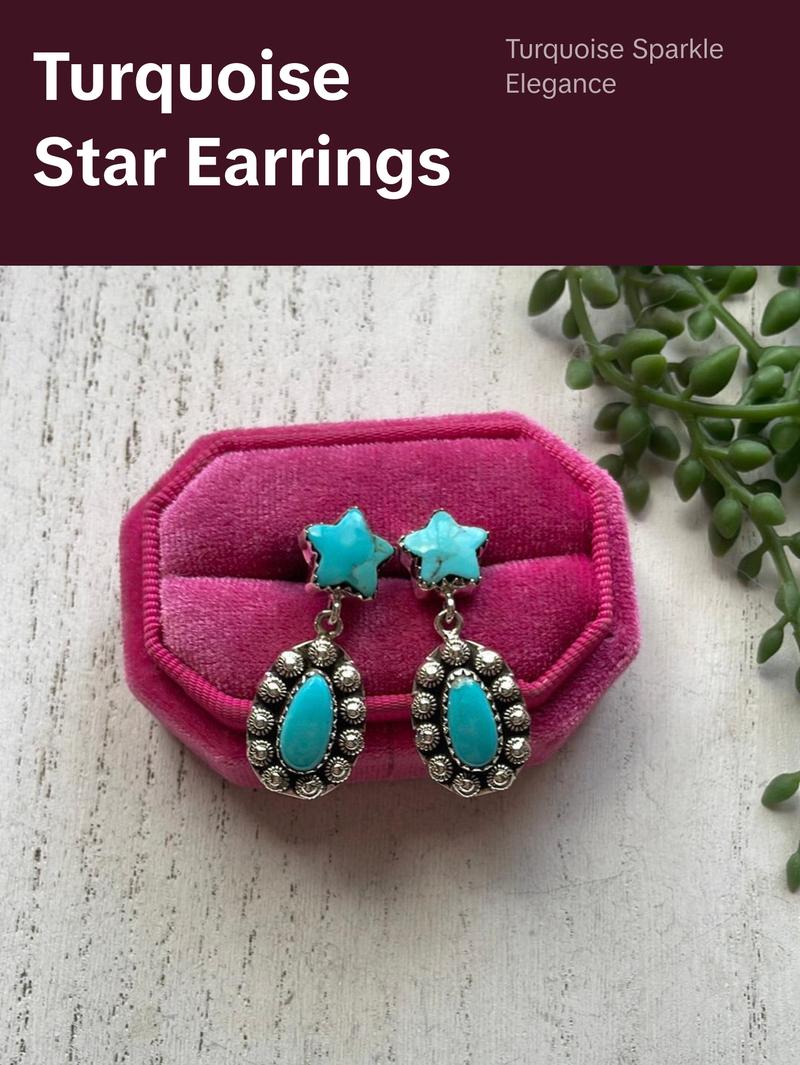 Handmade Star Sterling Silver & Turquoise Dangle Earrings Signed Nizhoni