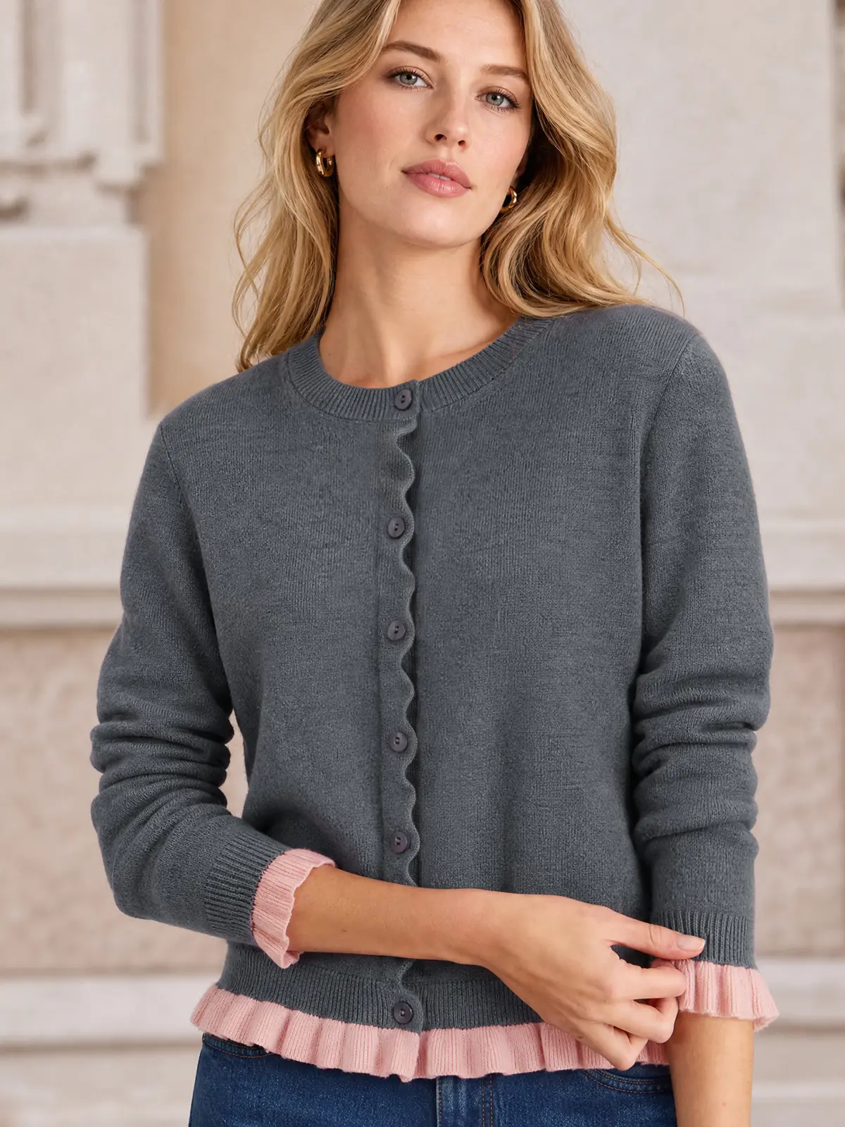 ZANZEA Womens Button Down Knit Cardigans  Color Blocking Ruffle Open Front Cropped Cardigan Sweaters Soft Long Sleeve Tops for Fall Winter