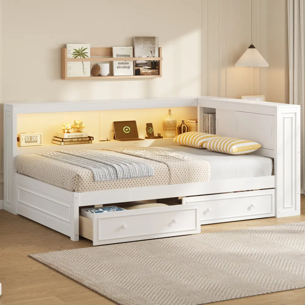 White Full Size Wood Corner Daybed Frame with L-Shaped Bookcase and Storage Drawers, Platform Bed with LED Light and Charging Station USB Ports, No Box Spring Needed, Modern Corner Bed for Kids Teens Adults